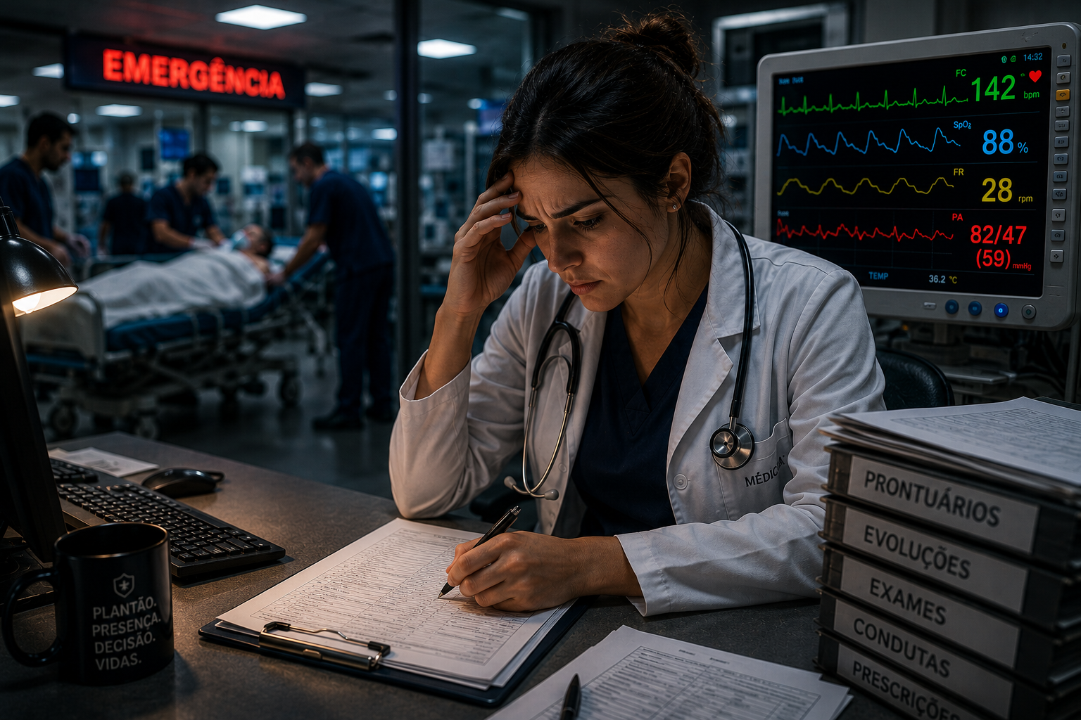 Médico analisando prontuário no plantão